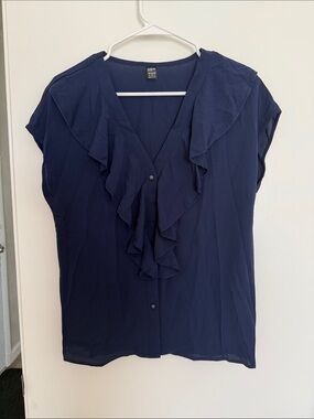 Navy Ruffle V-Neck Cap Sleeve Blouse